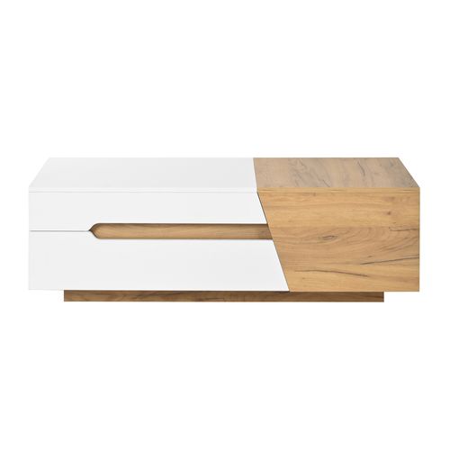 Table Basse 120x50x37,5 Cm, Avec Mécanisme Coulissant Et Tiroirs, Mdf, Blanc Et Bois Naturel