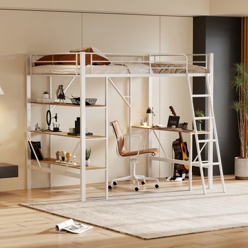 Lit Mezzanine Enfant 90x200 Cm Avec Rangement, Bureau Intégré, Lit Simple, Métal, Mdf, Blanc