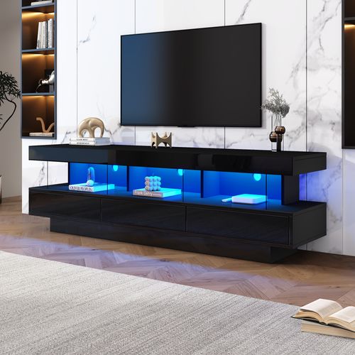 Meuble TV 160x38x50,5 Cm, 3 Tiroirs + 3 Niches, LED Bluetooth, Panneau De Particules, Noir
