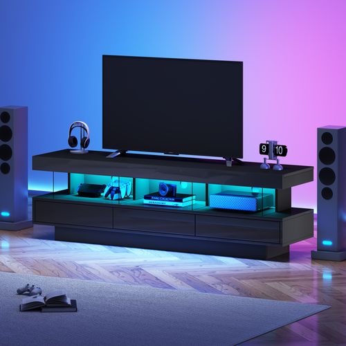 Meuble TV 160x38x50,5 Cm, 3 Tiroirs + 3 Niches, LED Bluetooth, Panneau De Particules, Noir