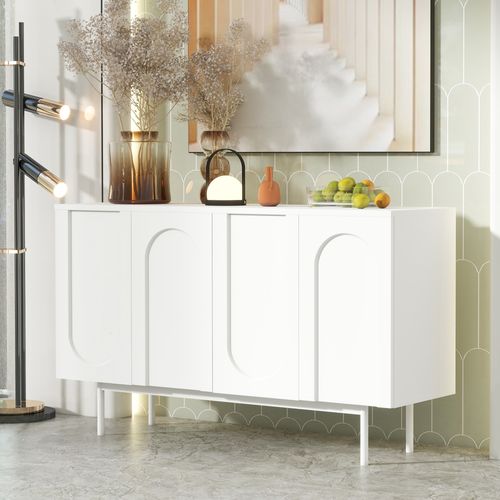 Buffet Bas 140x42x80 Cm, Portes Arquées à Motif Symétrique, Mdf Et Pb, Pieds Métal, Blanc