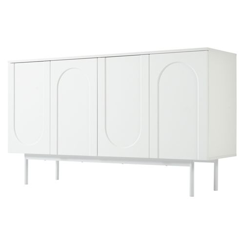 Buffet Bas 140x42x80 Cm, Portes Arquées à Motif Symétrique, Mdf Et Pb, Pieds Métal, Blanc