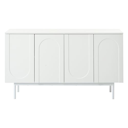 Buffet Bas 140x42x80 Cm, Portes Arquées à Motif Symétrique, Mdf Et Pb, Pieds Métal, Blanc