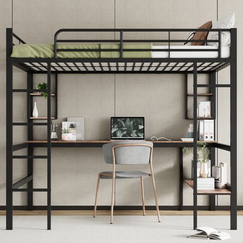 Lit Mezzanine Enfant 140x200 Cm Avec Bureau Et Rangement, Lit Double Simple, Métal Et Mdf, Noir