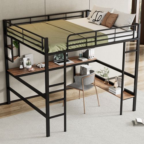 Lit Mezzanine Enfant 140x200 Cm Avec Bureau Et Rangement, Lit Double Simple, Métal Et Mdf, Noir
