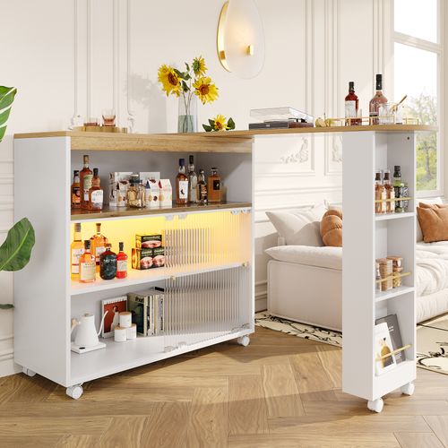 Table De Bar Extensible 138-204x39x105 Cm, LED, Rangement, Mdf, Mobile Sur Roulettes, Blanc+bois