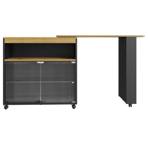 Table De Bar Extensible 138-204x39x105 Cm, Étagères Avec LED Et Portes Coulissantes, Mdf, Noir+bois