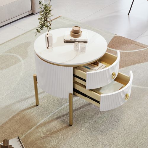 Bout De Canapé Ronde 50x50x51cm, 2 Tiroirs, Pieds Dorés, Motif De Marbre, Mdf, Blanc Et Doré
