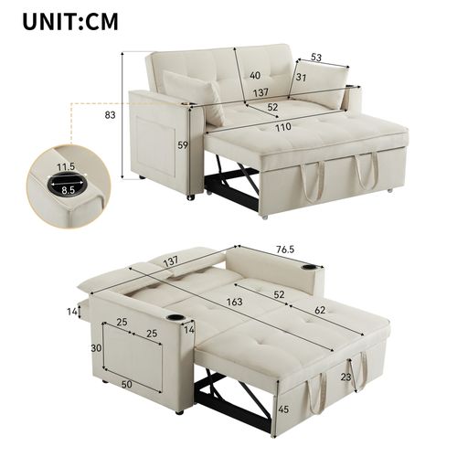 Canapé Gigogne 137x76.5x83 Cm, Convertible 3 Positions, Poches Latérales, Bois, Fer, Velours, Gris