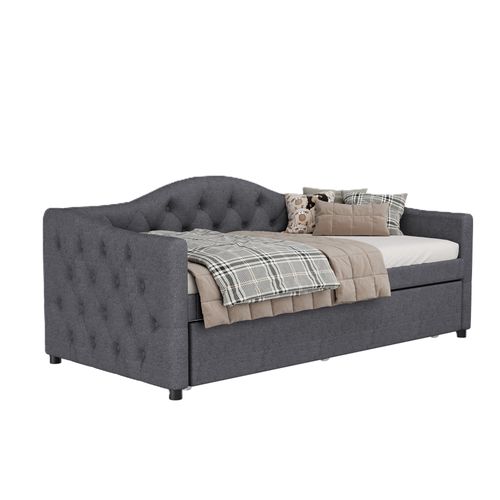 Lit Gigogne 90x200cm+90x190cm, Structure Extensible Avec Roulettes, Tissu Lin Et Mdf, Gris