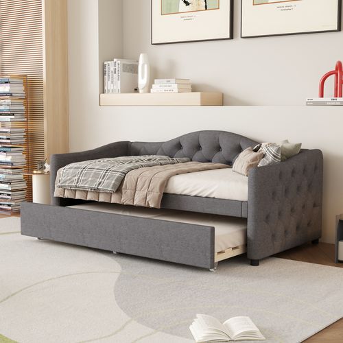 Lit Gigogne 90x200cm+90x190cm, Structure Extensible Avec Roulettes, Tissu Lin Et Mdf, Gris