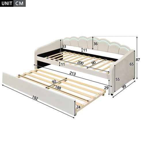 Lit Gigogne 90x200cm+90x190cm, Lit 2 En 1 Extensible Avec Éclairage LED, Velours Et Mdf, Beige
