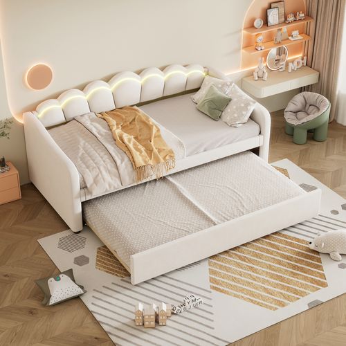 Lit Gigogne 90x200cm+90x190cm, Lit 2 En 1 Extensible Avec Éclairage LED, Velours Et Mdf, Beige