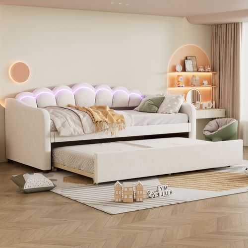 Lit Gigogne 90x200cm+90x190cm, Lit 2 En 1 Extensible Avec Éclairage LED, Velours Et Mdf, Beige