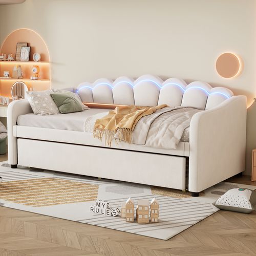 Lit Gigogne 90x200cm+90x190cm, Lit 2 En 1 Extensible Avec Éclairage LED, Velours Et Mdf, Beige