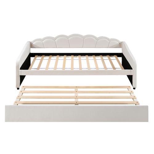 Lit Gigogne 90x200cm+90x190cm, Lit 2 En 1 Extensible Avec Éclairage LED, Velours Et Mdf, Beige