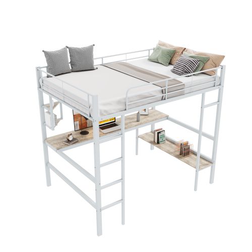 Lit Mezzanine Enfant 90x200 Cm Avec Bureau, Bibliothèque, Lit Simple Moderne, Métal Et Mdf, Blanc