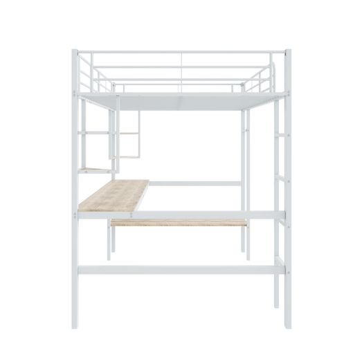Lit Mezzanine Enfant 90x200 Cm Avec Bureau, Bibliothèque, Lit Simple Moderne, Métal Et Mdf, Blanc