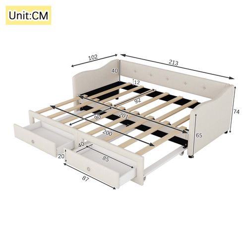 Lit Gigogne 90x200 Cm, Convertible En 180x200 Cm, Design Simple, 2 Tiroirs, Lin Et Mdf, Beige