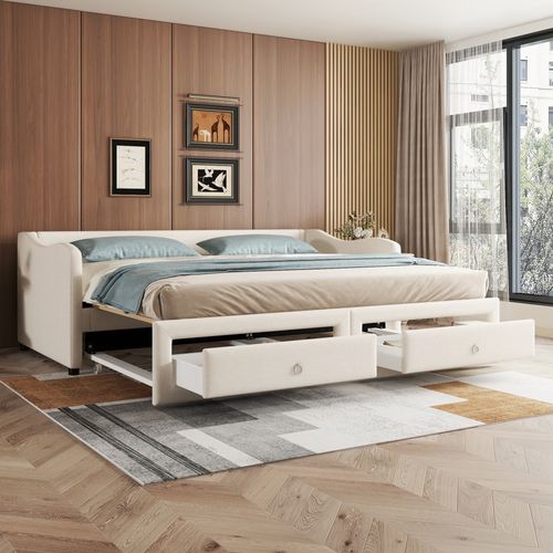 Lit Gigogne 90x200 Cm, Convertible En 180x200 Cm, Design Simple, 2 Tiroirs, Lin Et Mdf, Beige