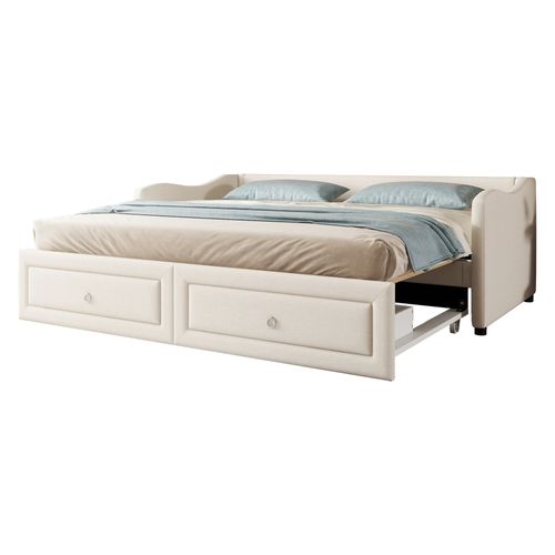 Lit Gigogne 90x200 Cm, Convertible En 180x200 Cm, Design Simple, 2 Tiroirs, Lin Et Mdf, Beige