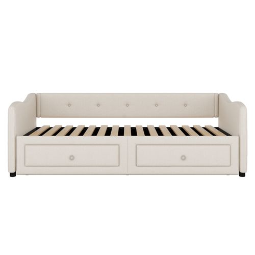 Lit Gigogne 90x200 Cm, Convertible En 180x200 Cm, Design Simple, 2 Tiroirs, Lin Et Mdf, Beige