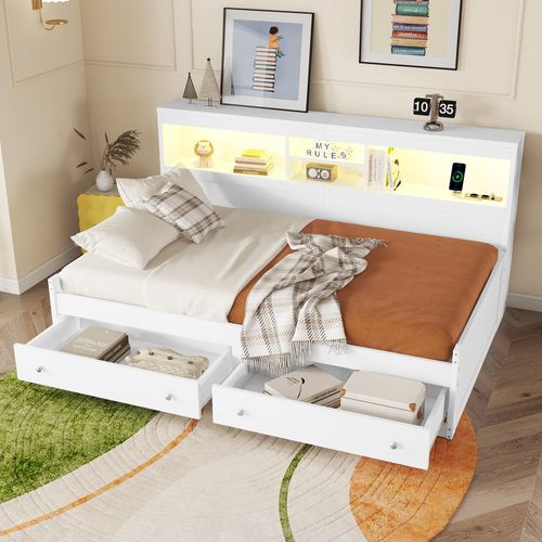 Lit Simple 90x200 Cm, LED, 4 Niches Ouverts, 2 Tiroirs Spacieux, Panneau De Particules, Mdf, Blanc