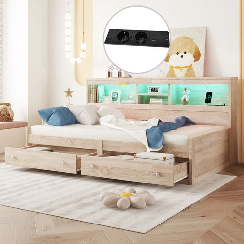 Lit Simple 90x200 Cm, LED, Ports USB, 2 Tiroirs, 4 Niches, Mdf Et Panneaux Particules, Couleur Bois