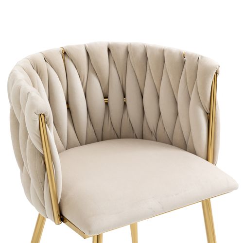 Lot De 2 Chaise 55.5x50x74 Cm, Dossier Tressé En Forme De Port, Velours, Couleur Ivoire+doré