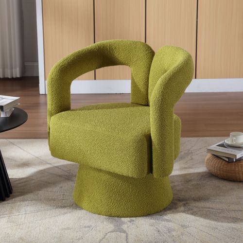 Fauteuil Pivotant 360 Degrés 67x55x74cm, Dossier Enveloppant Design, Tissu Bouclé, Vert Olive