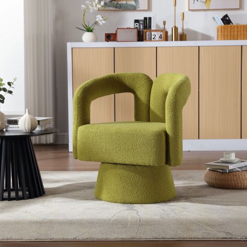 Fauteuil Pivotant 360 Degrés 67x55x74cm, Dossier Enveloppant Design, Tissu Bouclé, Vert Olive
