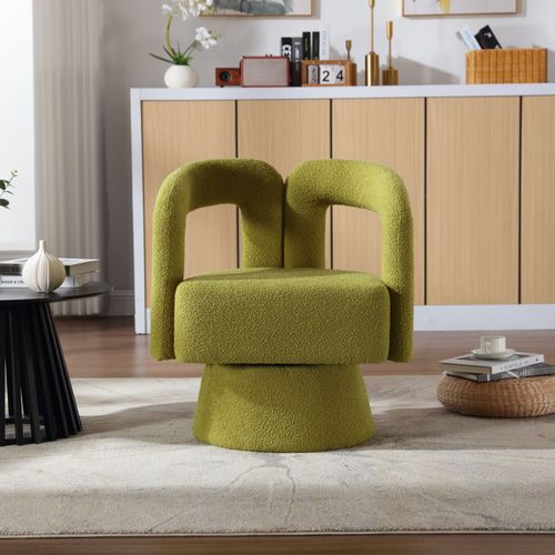 Fauteuil Pivotant 360 Degrés 67x55x74cm, Dossier Enveloppant Design, Tissu Bouclé, Vert Olive