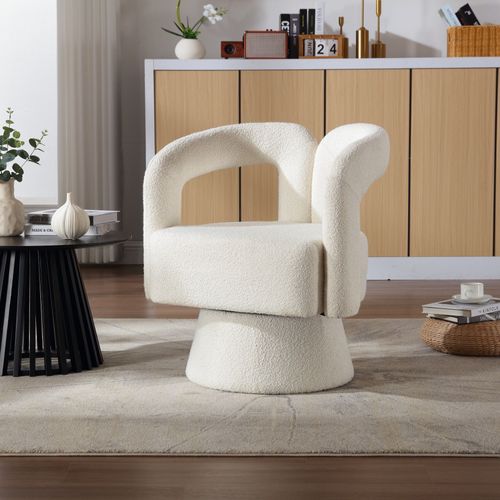 Fauteuil Pivotant 67x55x74 Cm, Dossier, Assise Large, Base Métal 360 Degrés, Bouclé, Beige