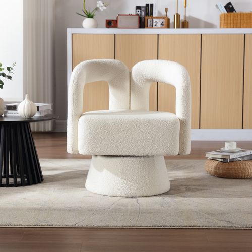Fauteuil Pivotant 67x55x74 Cm, Dossier, Assise Large, Base Métal 360 Degrés, Bouclé, Beige