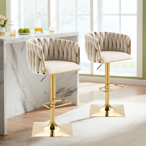 Tabouret De Bar 1 Pièce 53x51x86.99/105 Cm, Dossier Tressé Demi-arc, Pivotant 360°, Velours, Ivoire