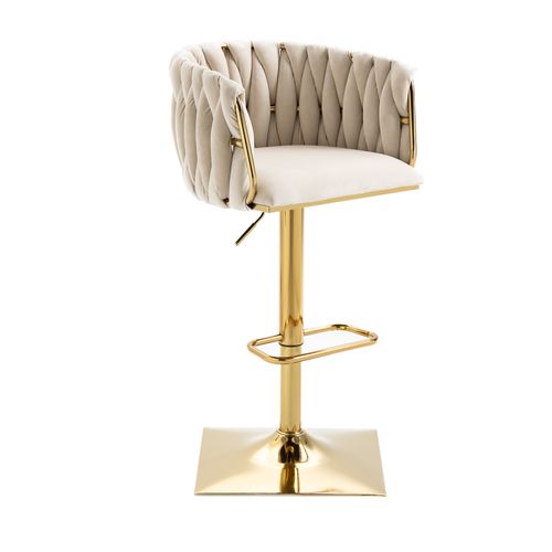 Tabouret De Bar 1 Pièce 53x51x86.99/105 Cm, Dossier Tressé Demi-arc, Pivotant 360°, Velours, Ivoire
