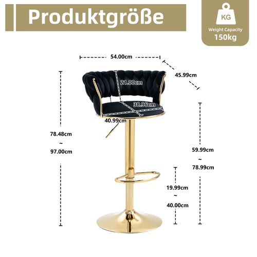 Lot De 2 Tabourets De Bar 54x46x78,5-97 Cm, Hauteur Réglable Un Clic, Velours, Métal, Noir+doré