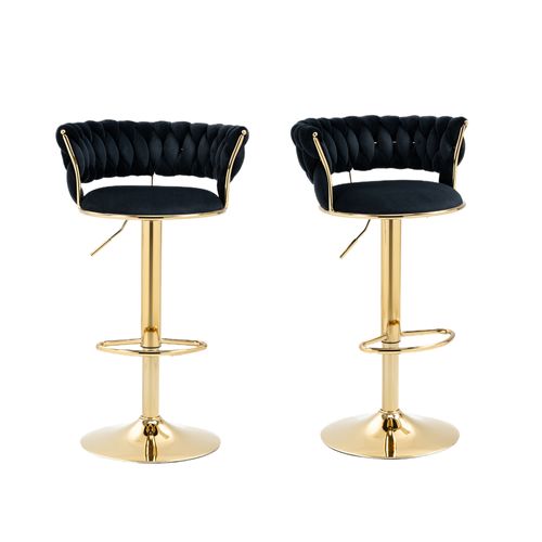 Lot De 2 Tabourets De Bar 54x46x78,5-97 Cm, Hauteur Réglable Un Clic, Velours, Métal, Noir+doré