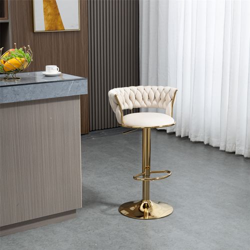Lot De 2 Tabouret De Bar 54x45.99x9 Cm, Hauteur Réglable, Velours, Base Dorée, Couleur Ivoire