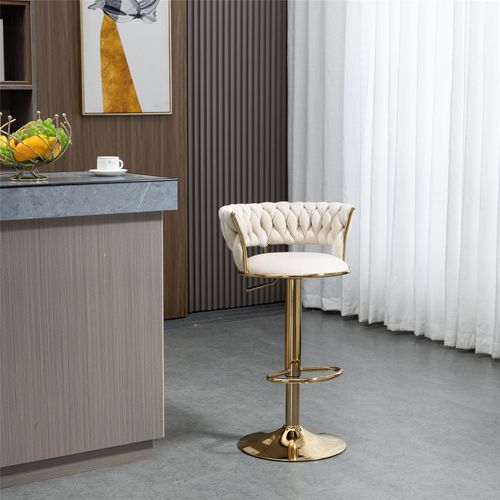 Lot De 2 Tabouret De Bar 54x45.99x9 Cm, Hauteur Réglable, Velours, Base Dorée, Couleur Ivoire