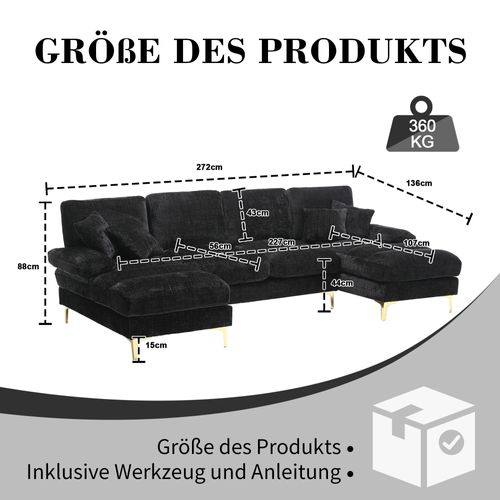 Canapé En U 272x136x88 Cm, Design Ergonomique, Tissu Chenille, Pieds Métalliques Dorés, Noir+doré