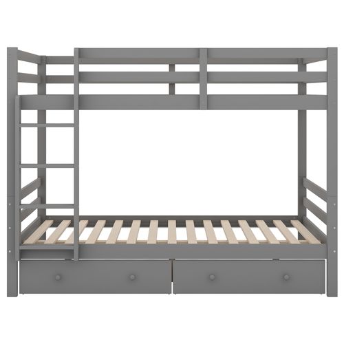 Lit Superposé 140x200 Cm, Tiroirs De Rangement Et Barrières Hautes, Pin Et Mdf, Couleur Gris