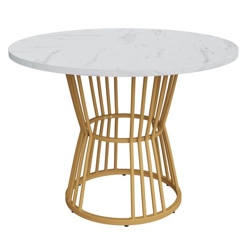 Table à Manger 100x100x75cm, Table Ronde, Pieds En Métal, Motif Marbre, Mdf, Blanc+doré