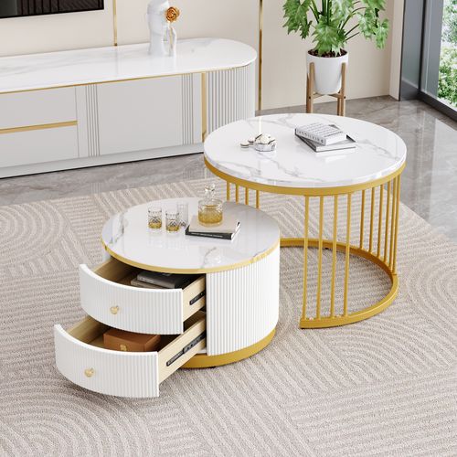 Set 2 Tables Basses Rondes 60x60x45,5 Et 50x50x32 Cm, Motif De Marbre, 2 Tiroirs, Mdf, Blanc