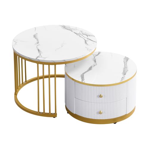 Set 2 Tables Basses Rondes 60x60x45,5 Et 50x50x32 Cm, Motif De Marbre, 2 Tiroirs, Mdf, Blanc