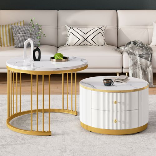 Set 2 Tables Basses Rondes 60x60x45,5 Et 50x50x32 Cm, Motif De Marbre, 2 Tiroirs, Mdf, Blanc