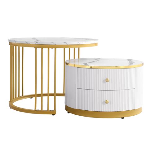 Set 2 Tables Basses Rondes 60x60x45,5 Et 50x50x32 Cm, Motif De Marbre, 2 Tiroirs, Mdf, Blanc