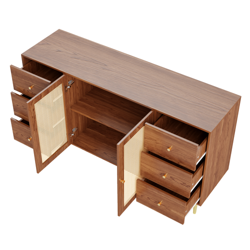 Buffet Bas 160x40x90cm, 6 Tiroirs, 2 Portes En Rotin, Motif Bois, Naturel, Mdf, Marron