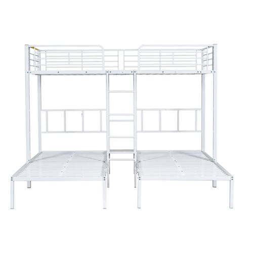 Lit Superposé Triple 90x200 Cm, 3 Sommiers, Échelle, Tablette Et Garde-corps, Métal, Blanc