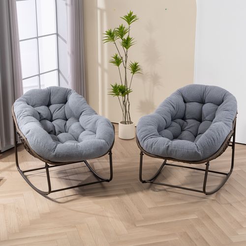 Fauteuil à Bascule 111x94,5x80 Cm, Grand Confort, Rotin Synthétique, Structure Acier, Gris